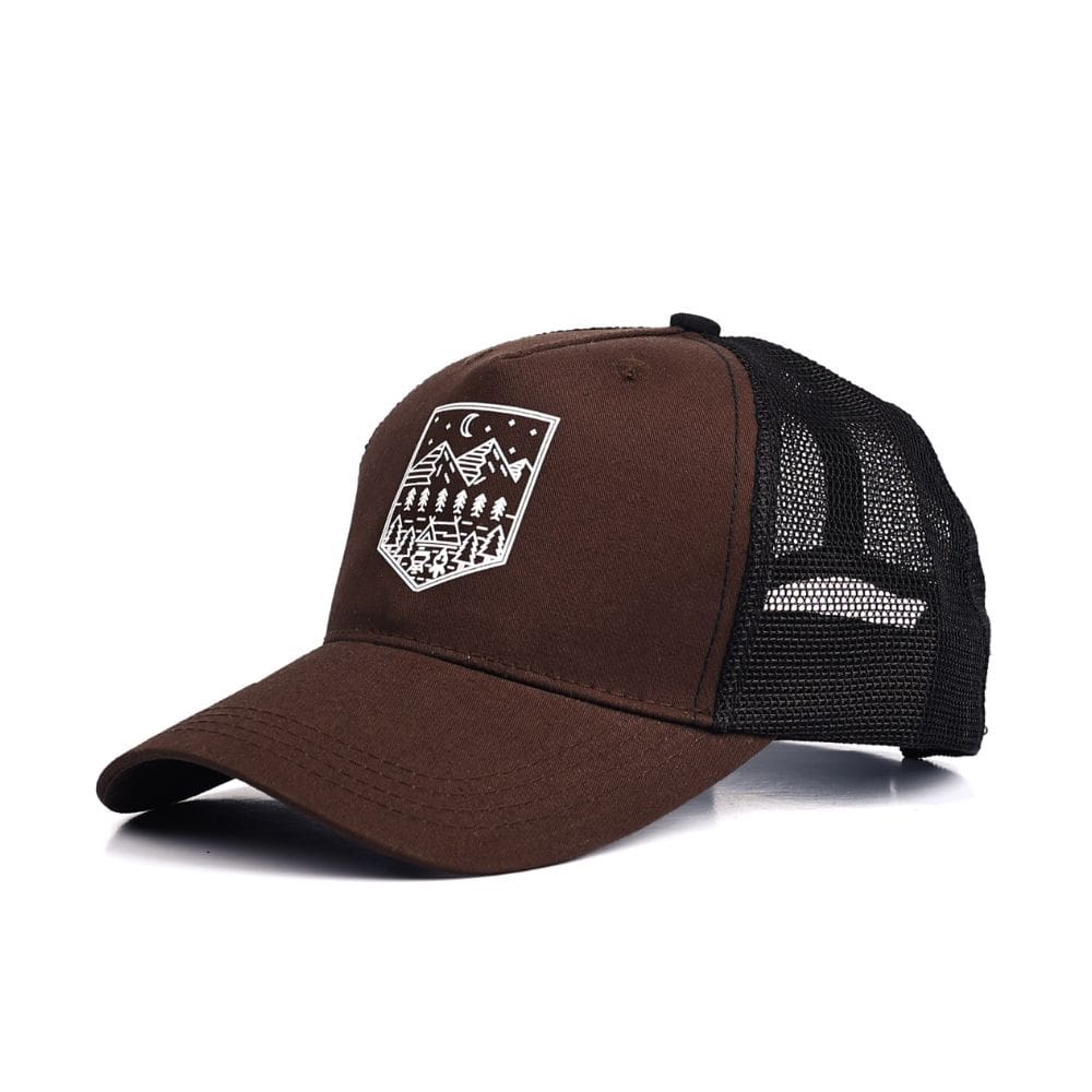 Brown Trucker Cap with Minimal Mountain Camping Print Chris Cross