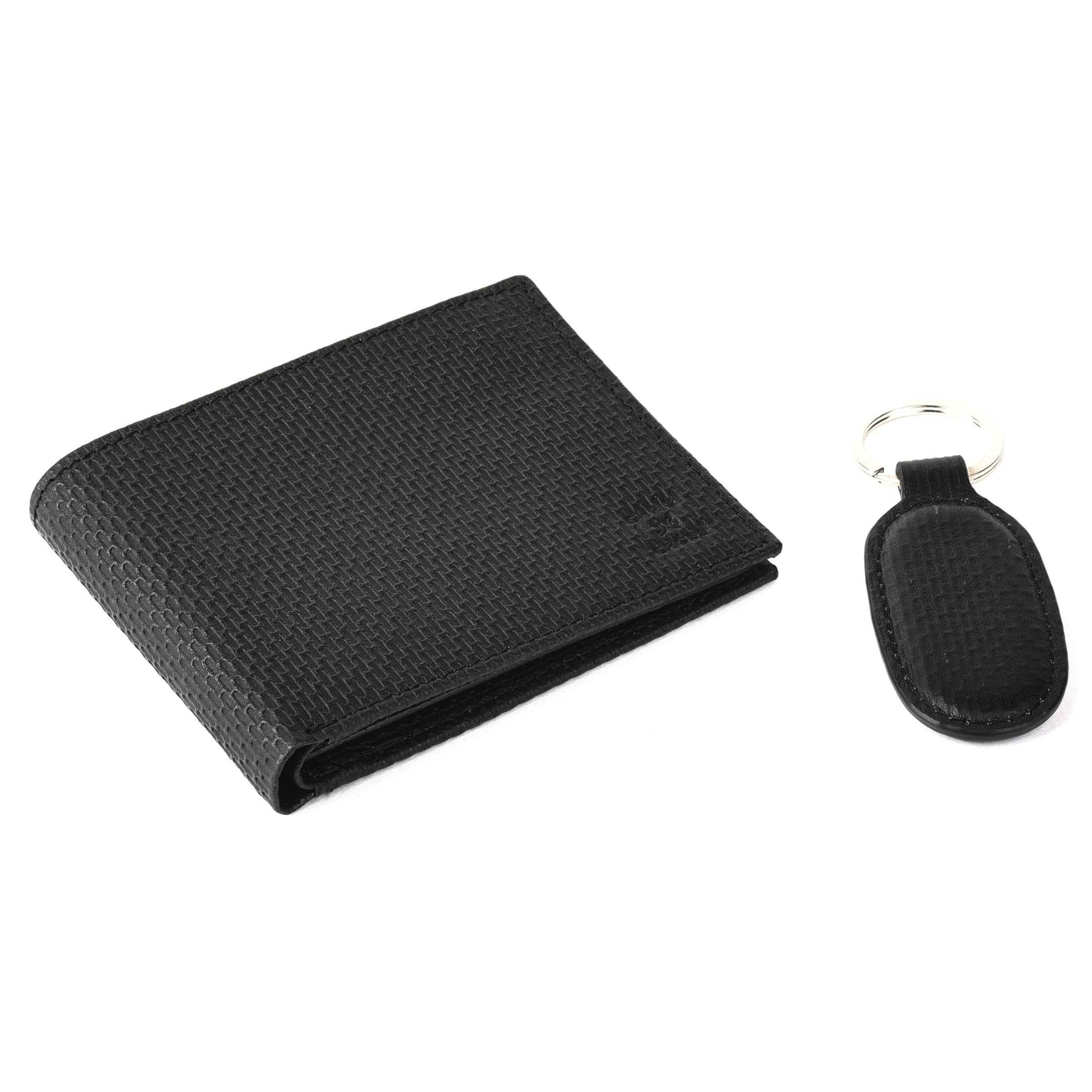 Mens Leather Wallet + Keychain (Black | Pattern)