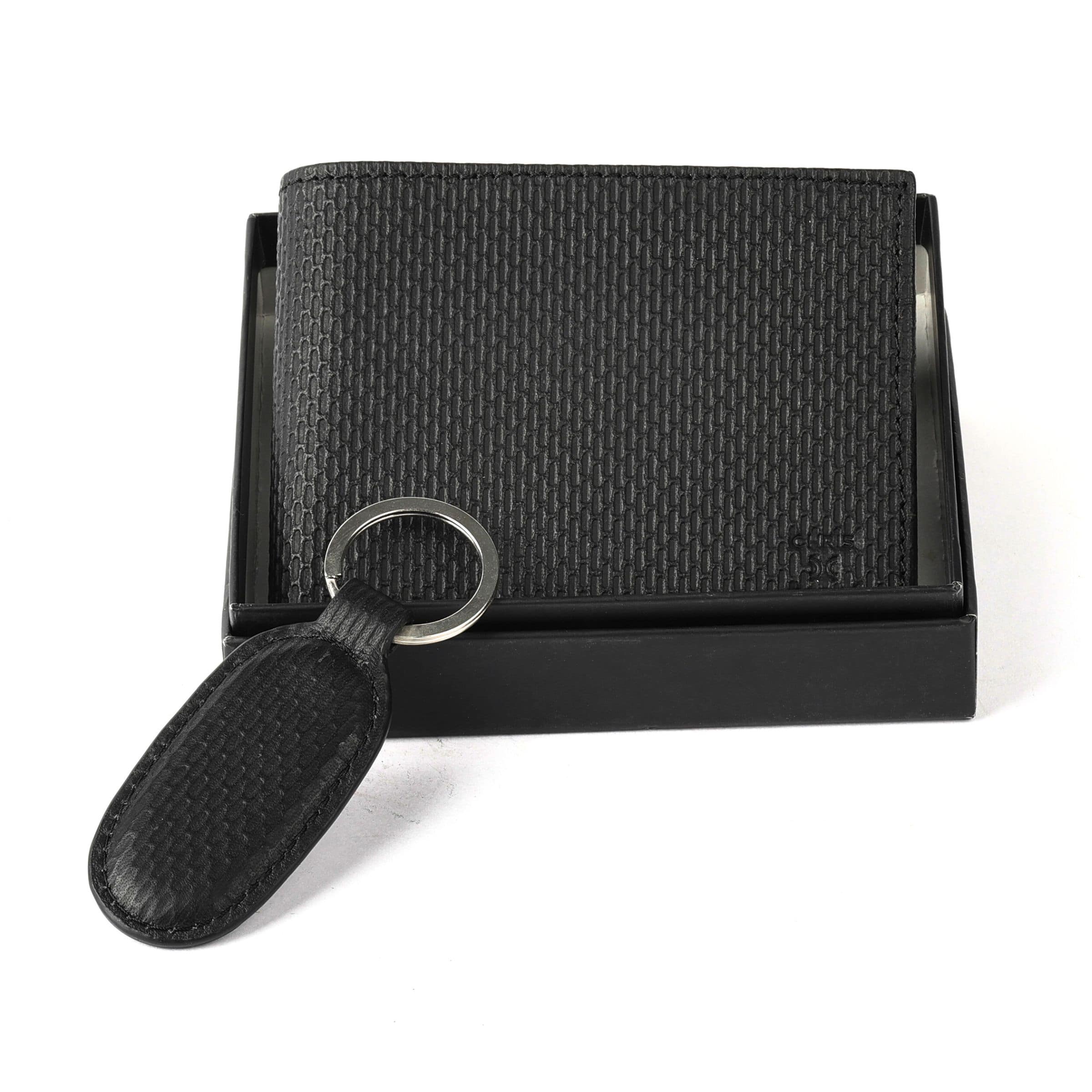 Mens Leather Wallet + Keychain (Black | Pattern)