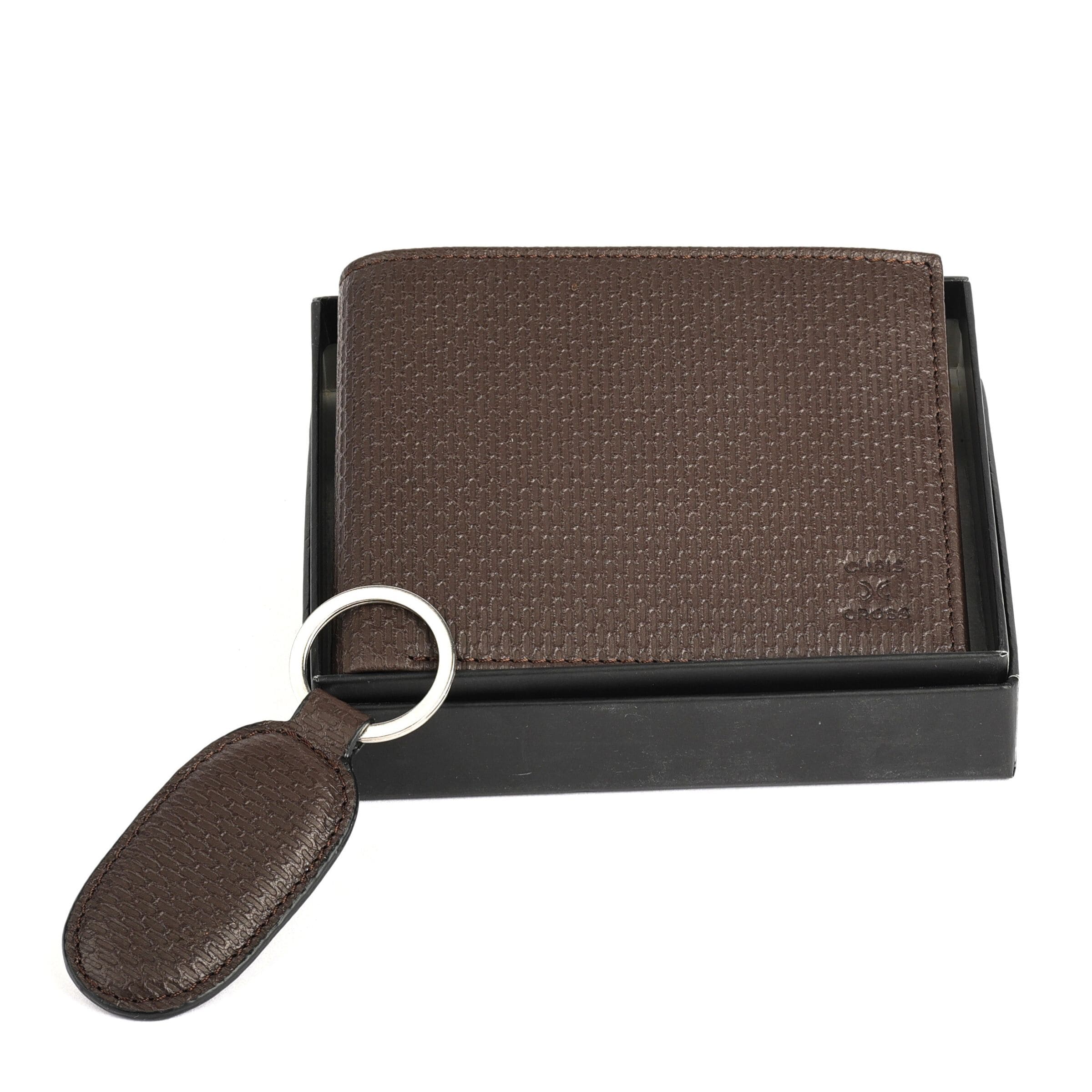 Mens Leather Wallet + Keychain (Brown | Pattern)