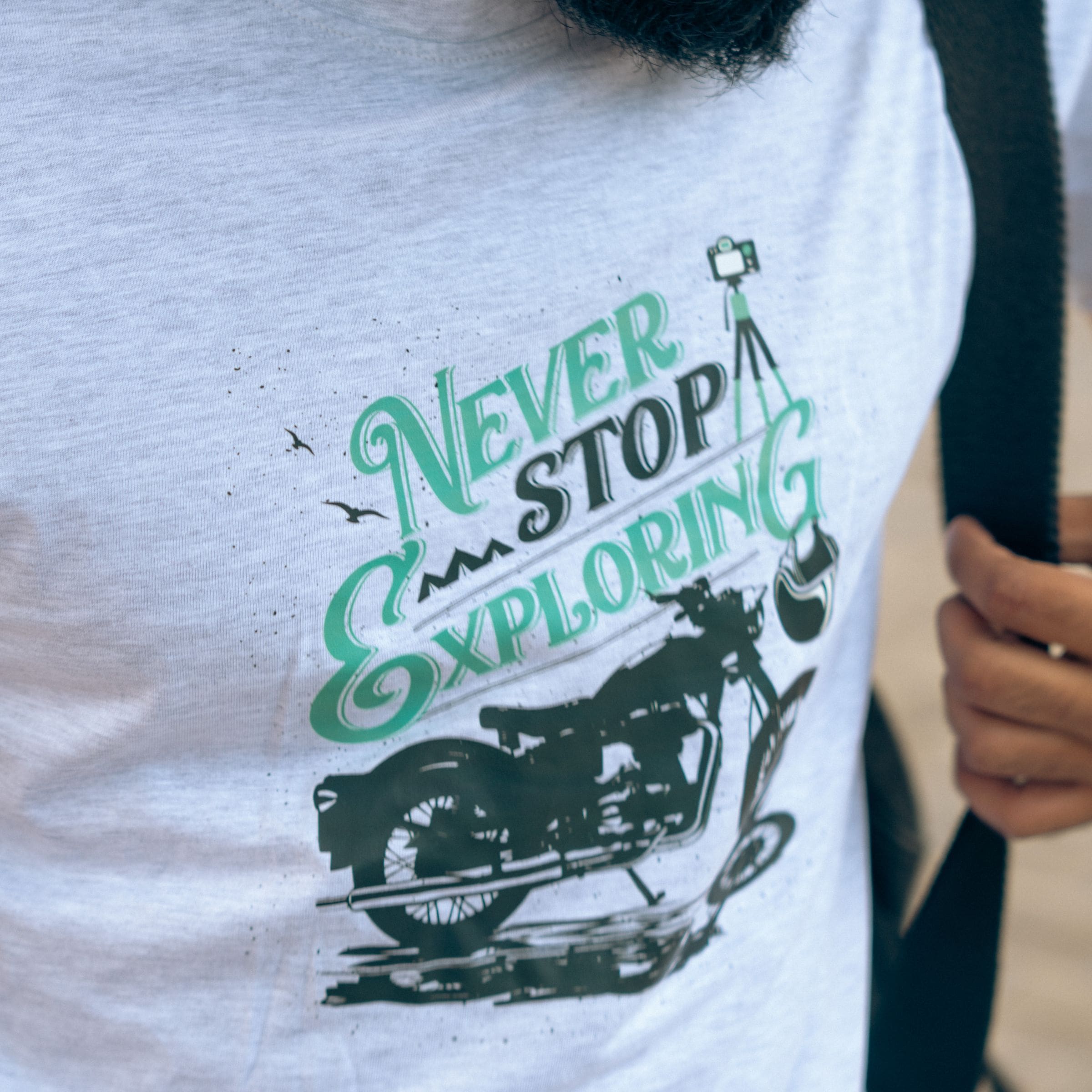 Never Stop Exploring Biker's T-Shirt